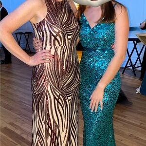 Glamorous Vintage-Inspired Deep Red Sequins on Nude Formal Dress